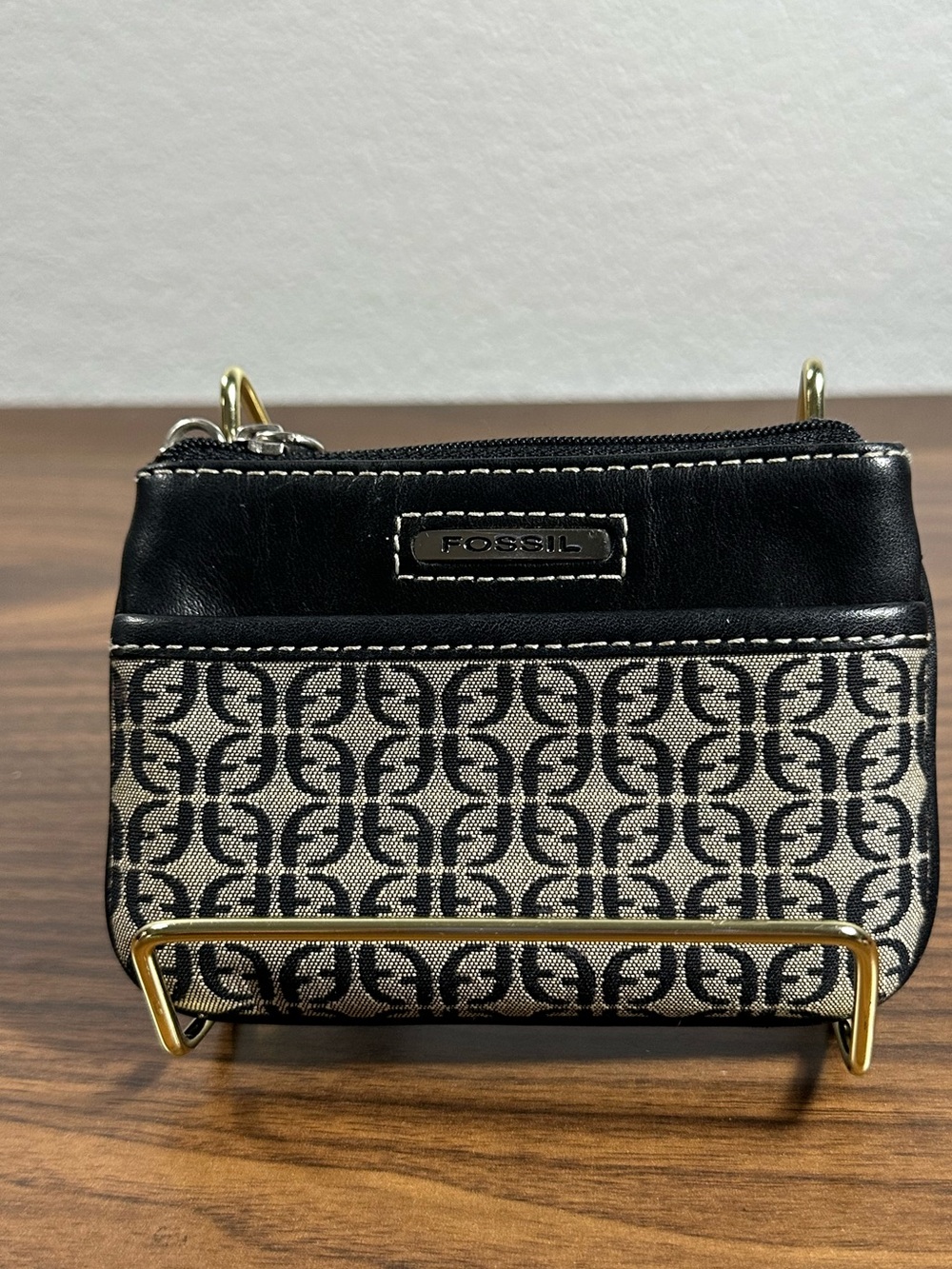 Fossil Black & Cream Signature Mini Zip Card Pouch